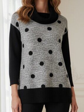 Ali Miles Black Gray Dotted Mixed Media 3/4 Sleeve Top Medium